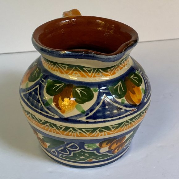 VTG Pitcher Portugal Handcrafted Blue Lemon Redware Pottery Hand Painted Thrown - Picture 2 of 6